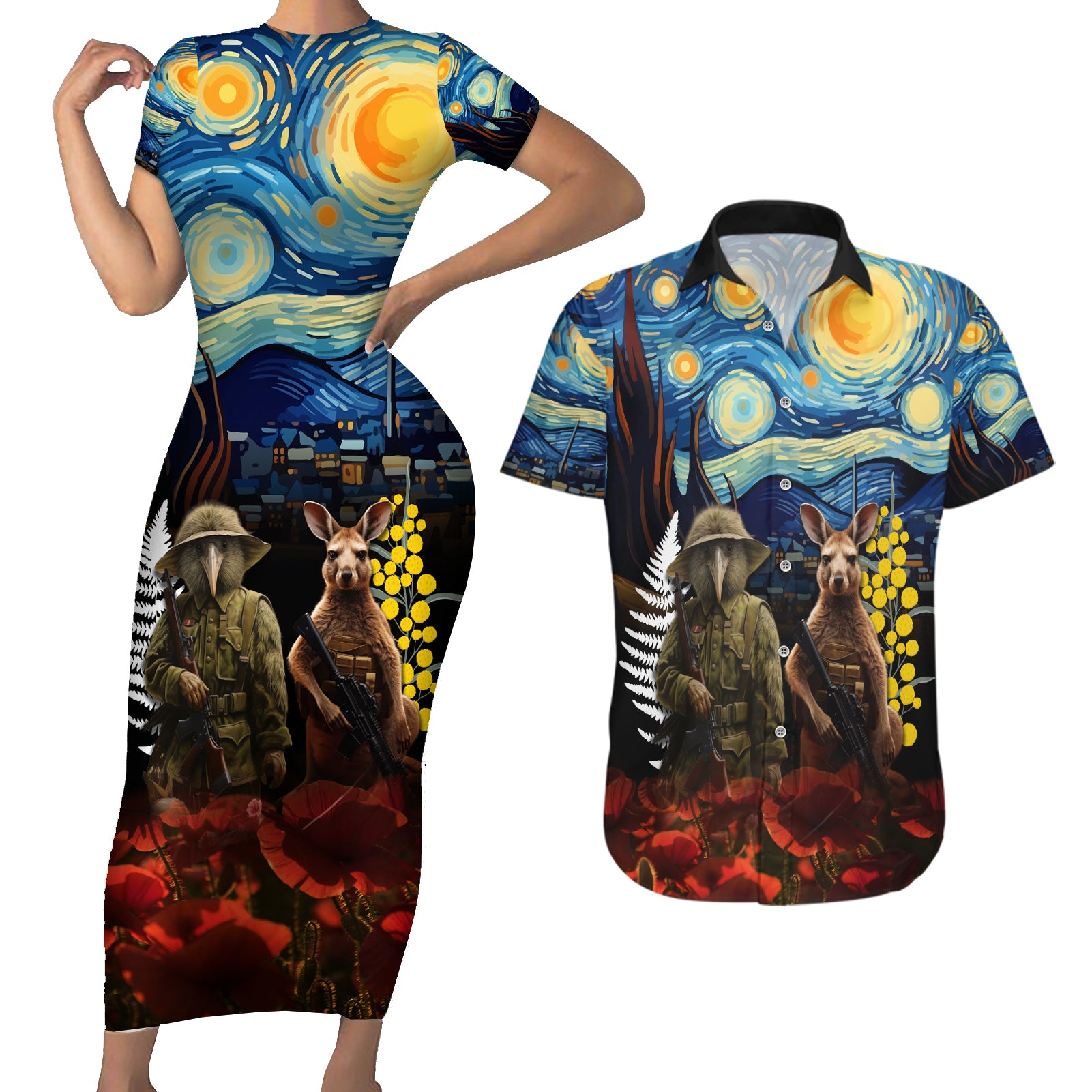 New Zealand and Australia ANZAC Day Couples Matching Short Sleeve Bodycon Dress and Hawaiian Shirt Kiwi Bird and Kangaroo Soldier Starry Night Style LT03 Black - Polynesian Pride