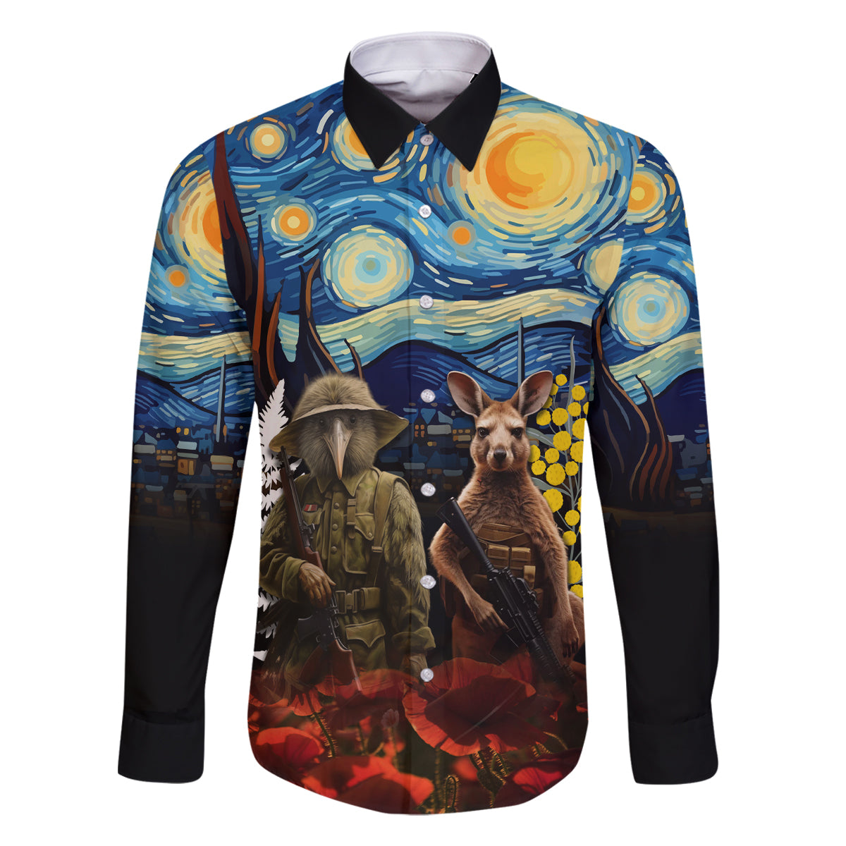 New Zealand and Australia ANZAC Day Family Matching Mermaid Dress and Hawaiian Shirt Kiwi Bird and Kangaroo Soldier Starry Night Style LT03 Dad's Shirt - Long Sleeve Black - Polynesian Pride