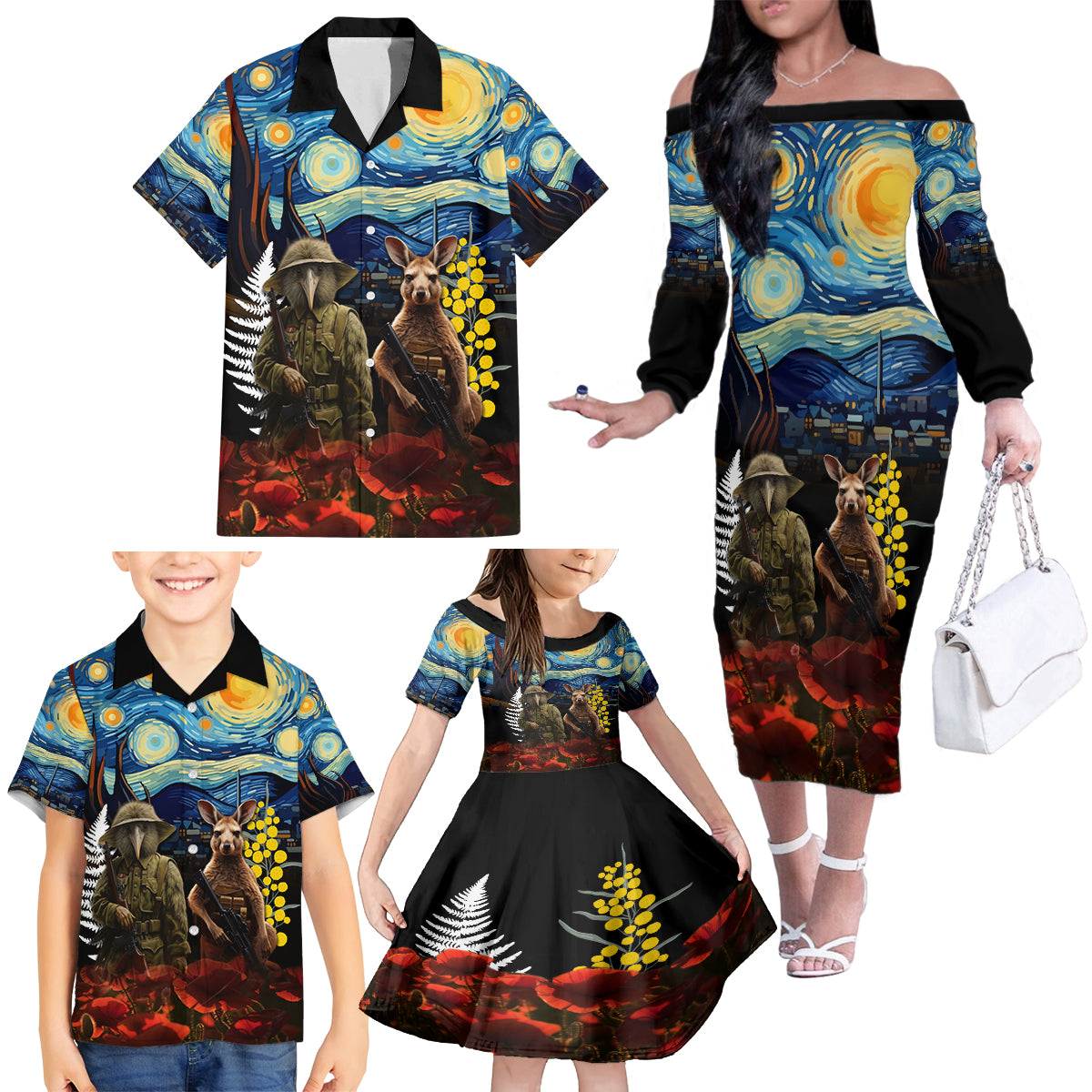 New Zealand and Australia ANZAC Day Family Matching Off Shoulder Long Sleeve Dress and Hawaiian Shirt Kiwi Bird and Kangaroo Soldier Starry Night Style LT03 - Polynesian Pride