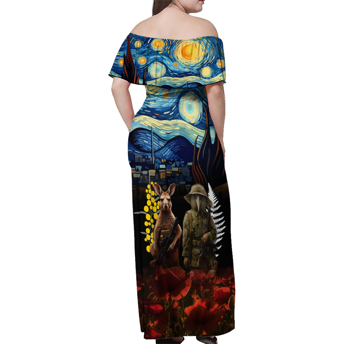 New Zealand and Australia ANZAC Day Family Matching Off Shoulder Maxi Dress and Hawaiian Shirt Kiwi Bird and Kangaroo Soldier Starry Night Style LT03 - Polynesian Pride