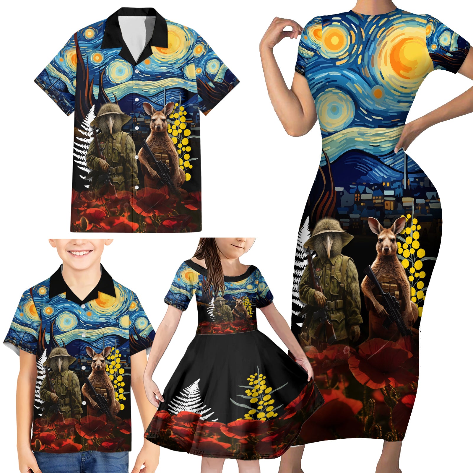 New Zealand and Australia ANZAC Day Family Matching Short Sleeve Bodycon Dress and Hawaiian Shirt Kiwi Bird and Kangaroo Soldier Starry Night Style LT03 - Polynesian Pride