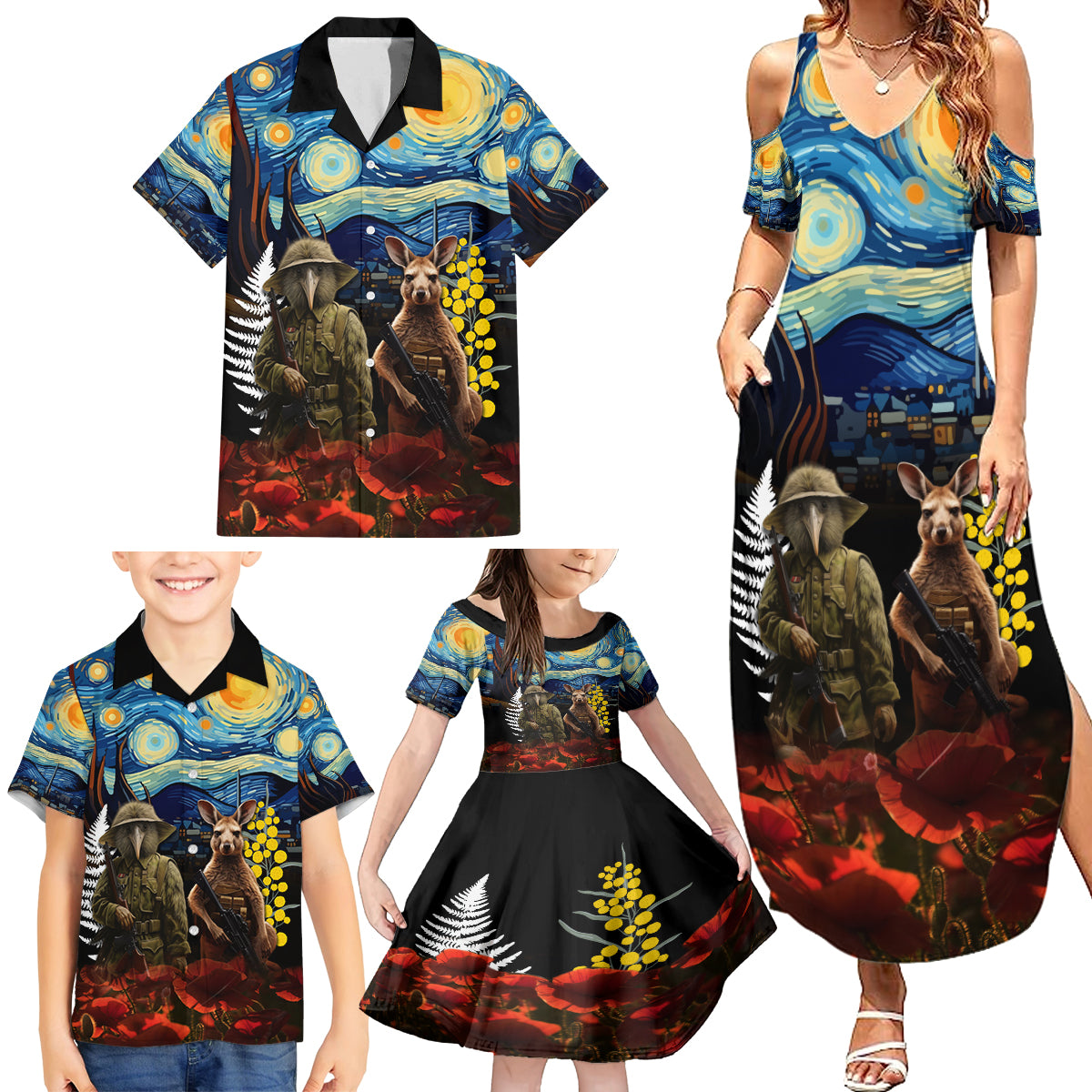 New Zealand and Australia ANZAC Day Family Matching Summer Maxi Dress and Hawaiian Shirt Kiwi Bird and Kangaroo Soldier Starry Night Style LT03 - Polynesian Pride