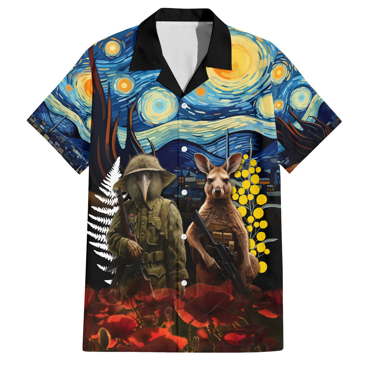 New Zealand and Australia ANZAC Day Family Matching Summer Maxi Dress and Hawaiian Shirt Kiwi Bird and Kangaroo Soldier Starry Night Style LT03 Dad's Shirt - Short Sleeve Black - Polynesian Pride