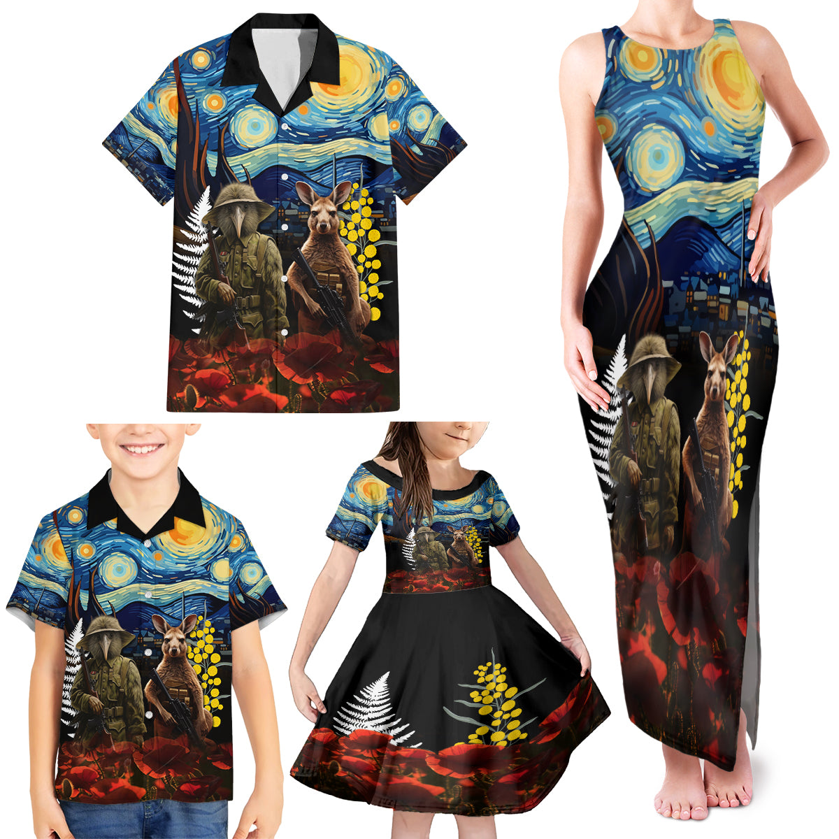 New Zealand and Australia ANZAC Day Family Matching Tank Maxi Dress and Hawaiian Shirt Kiwi Bird and Kangaroo Soldier Starry Night Style LT03 - Polynesian Pride