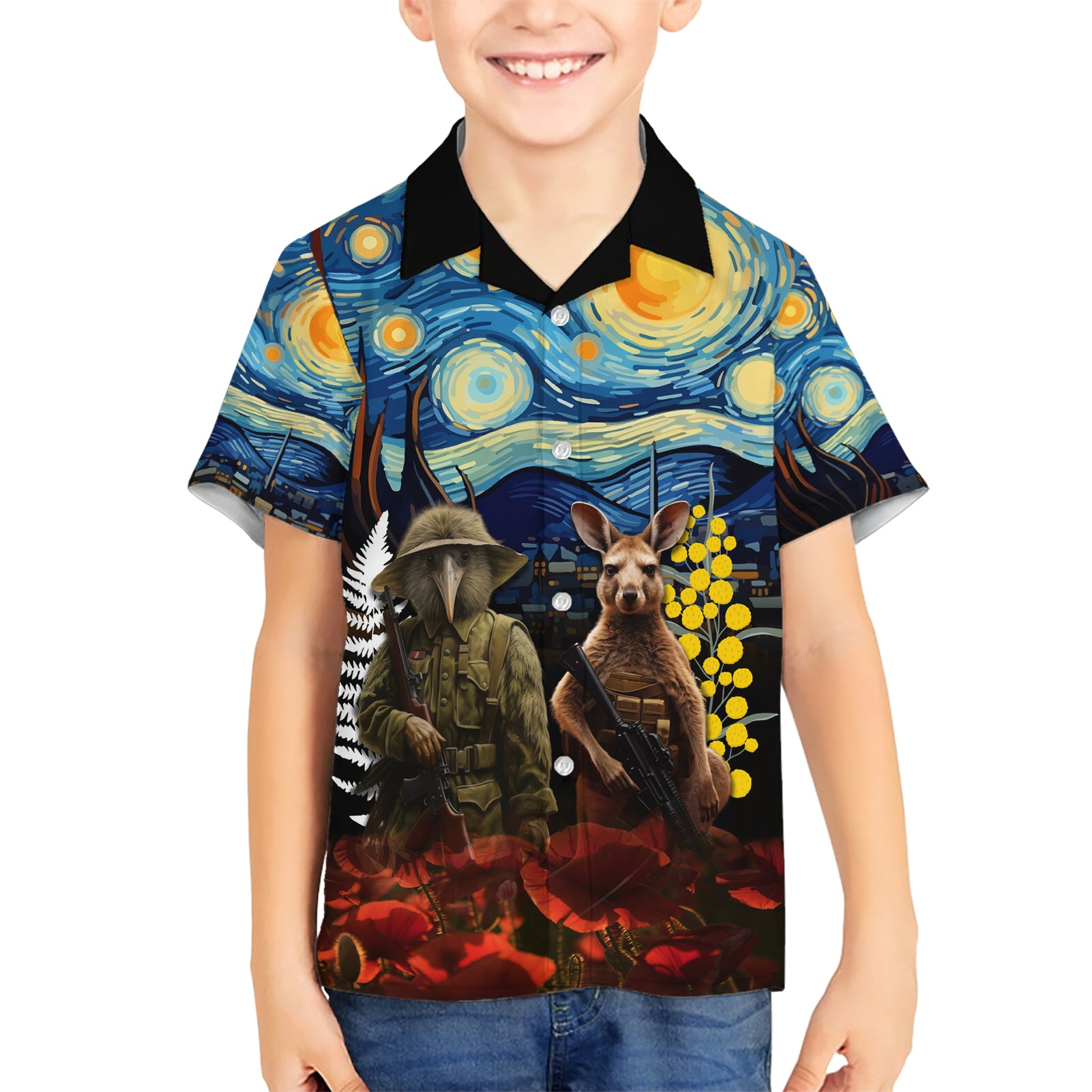 New Zealand and Australia ANZAC Day Kid Hawaiian Shirt Kiwi Bird and Kangaroo Soldier Starry Night Style LT03 Kid Black - Polynesian Pride