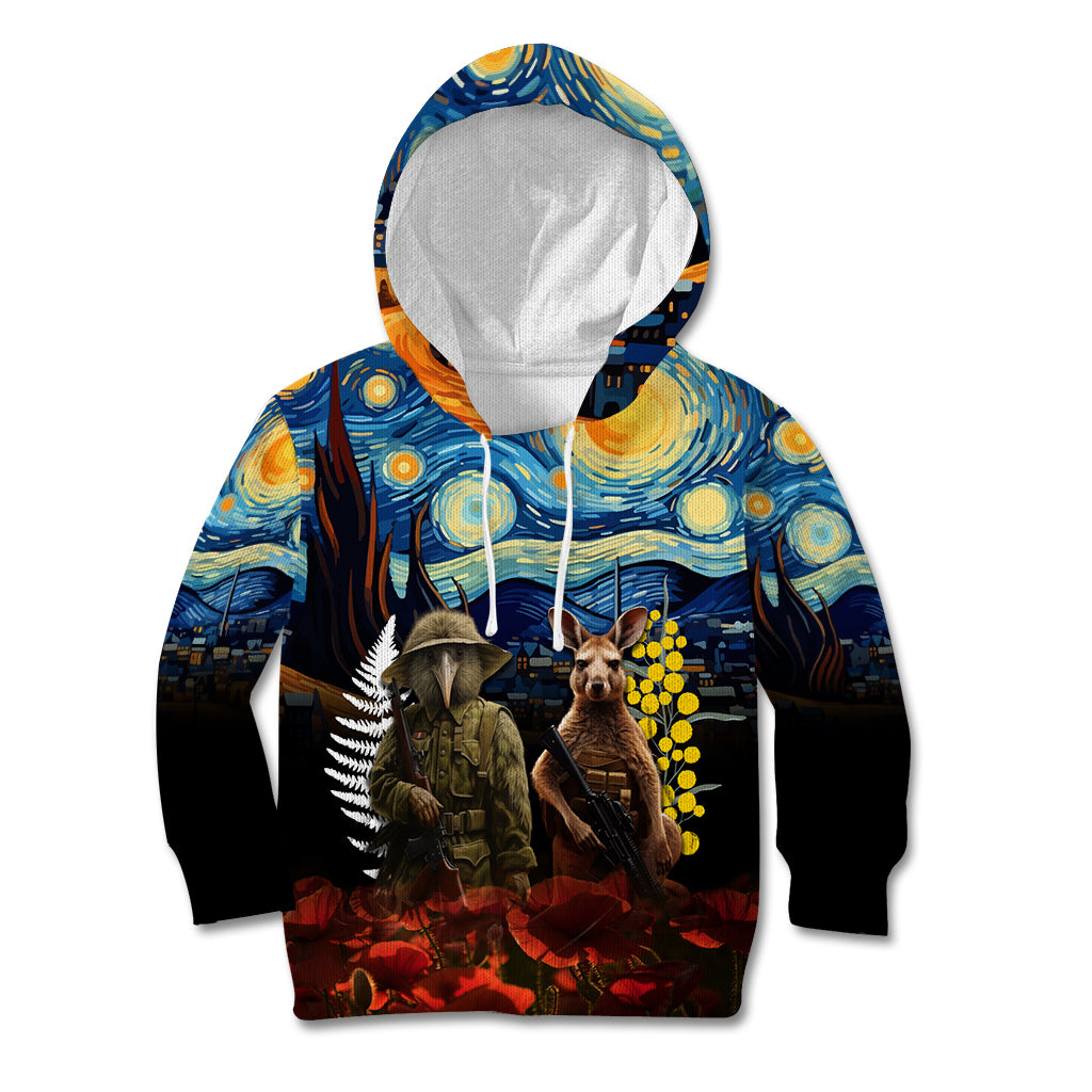 New Zealand and Australia ANZAC Day Kid Hoodie Kiwi Bird and Kangaroo Soldier Starry Night Style LT03 Hoodie Black - Polynesian Pride