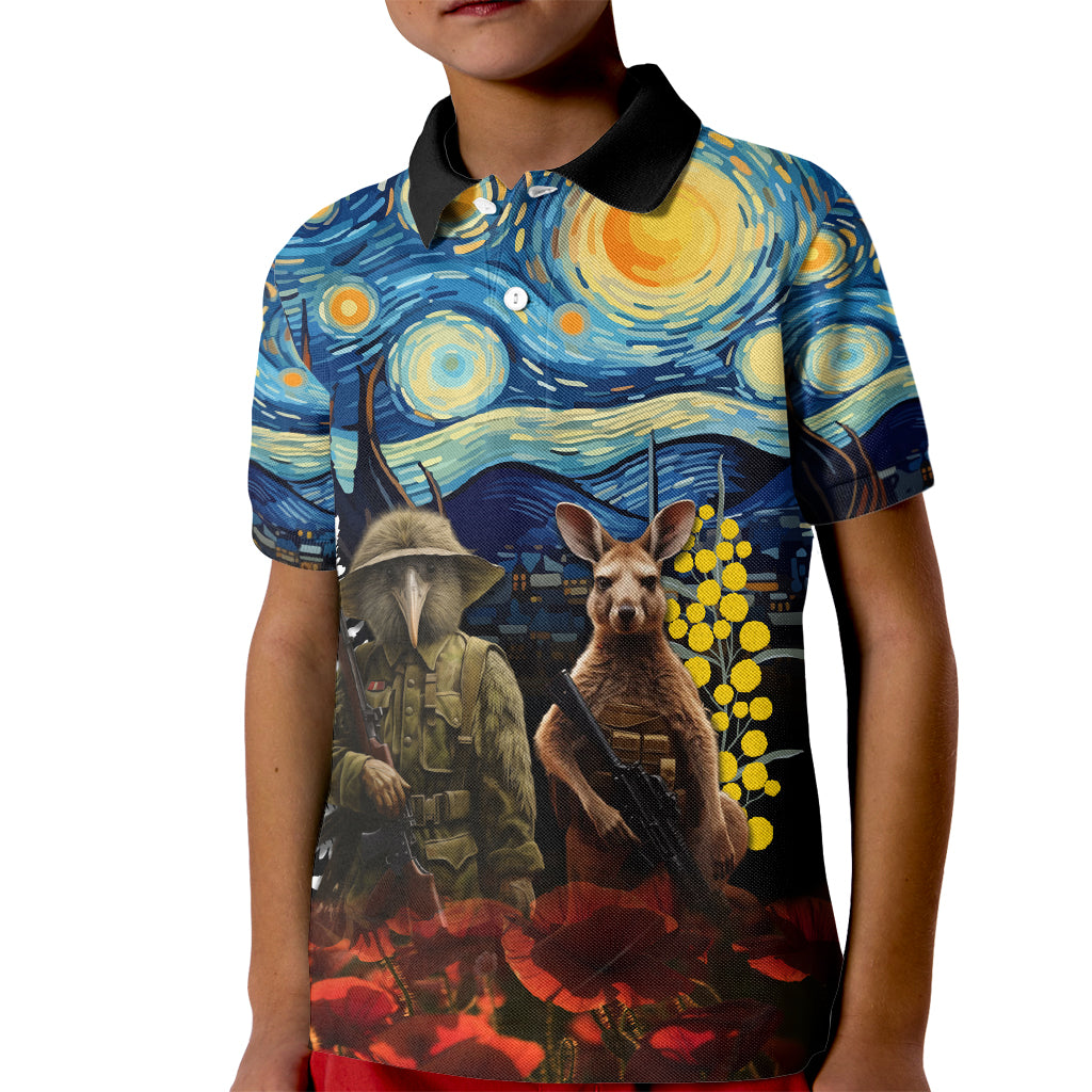 New Zealand and Australia ANZAC Day Kid Polo Shirt Kiwi Bird and Kangaroo Soldier Starry Night Style LT03 Kid Black - Polynesian Pride