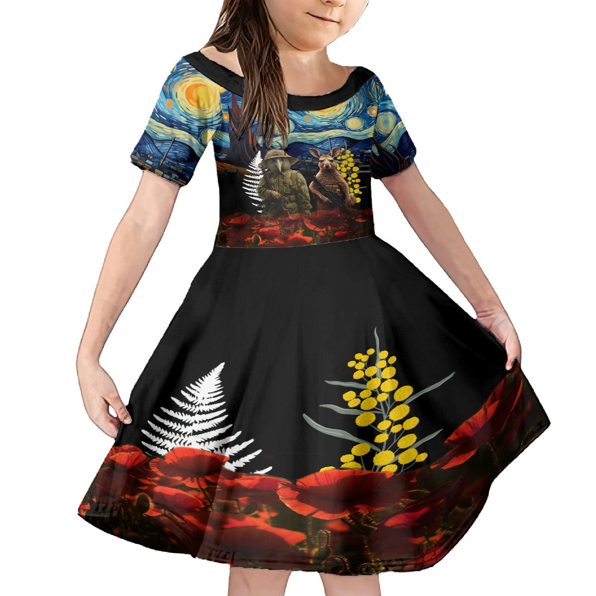 New Zealand and Australia ANZAC Day Kid Short Sleeve Dress Kiwi Bird and Kangaroo Soldier Starry Night Style LT03 KID Black - Polynesian Pride