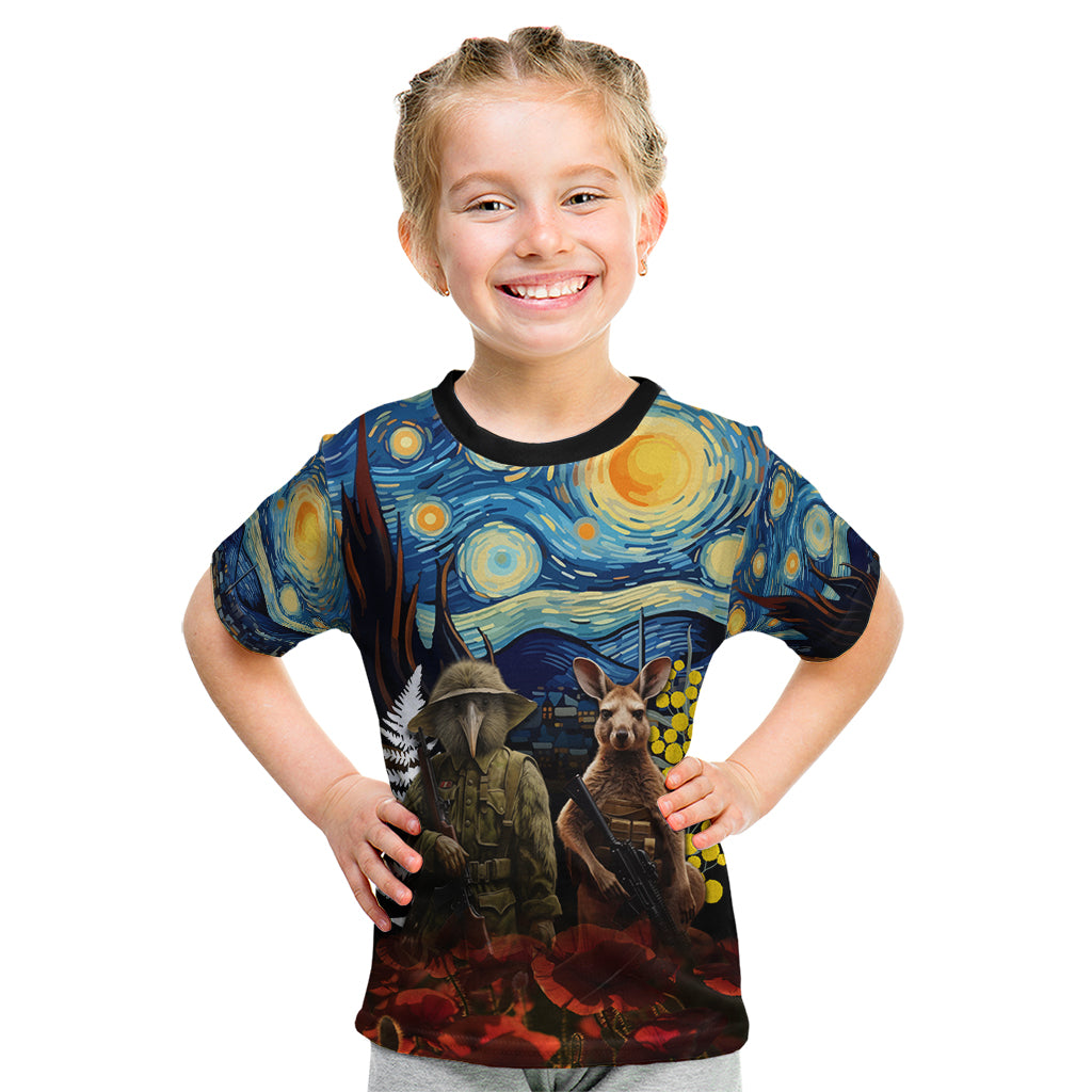 New Zealand and Australia ANZAC Day Kid T Shirt Kiwi Bird and Kangaroo Soldier Starry Night Style LT03 Black - Polynesian Pride