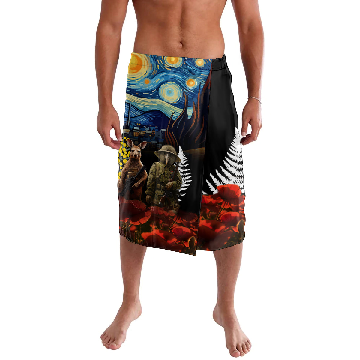 New Zealand and Australia ANZAC Day Lavalava Kiwi Bird and Kangaroo Soldier Starry Night Style LT03 Black - Polynesian Pride