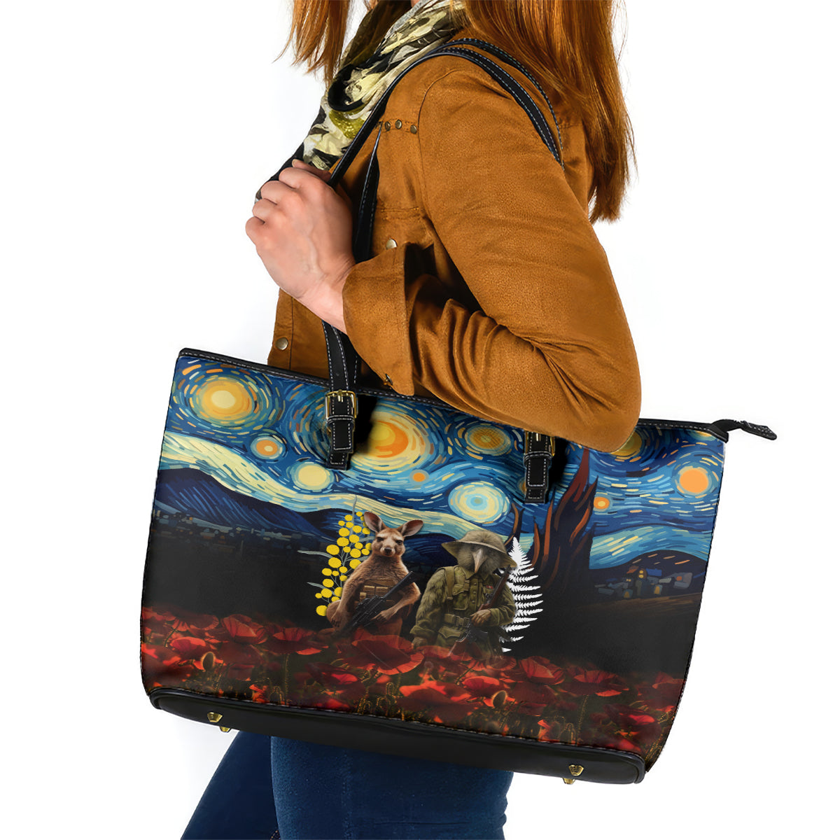 New Zealand and Australia ANZAC Day Leather Tote Bag Kiwi Bird and Kangaroo Soldier Starry Night Style LT03 Black - Polynesian Pride