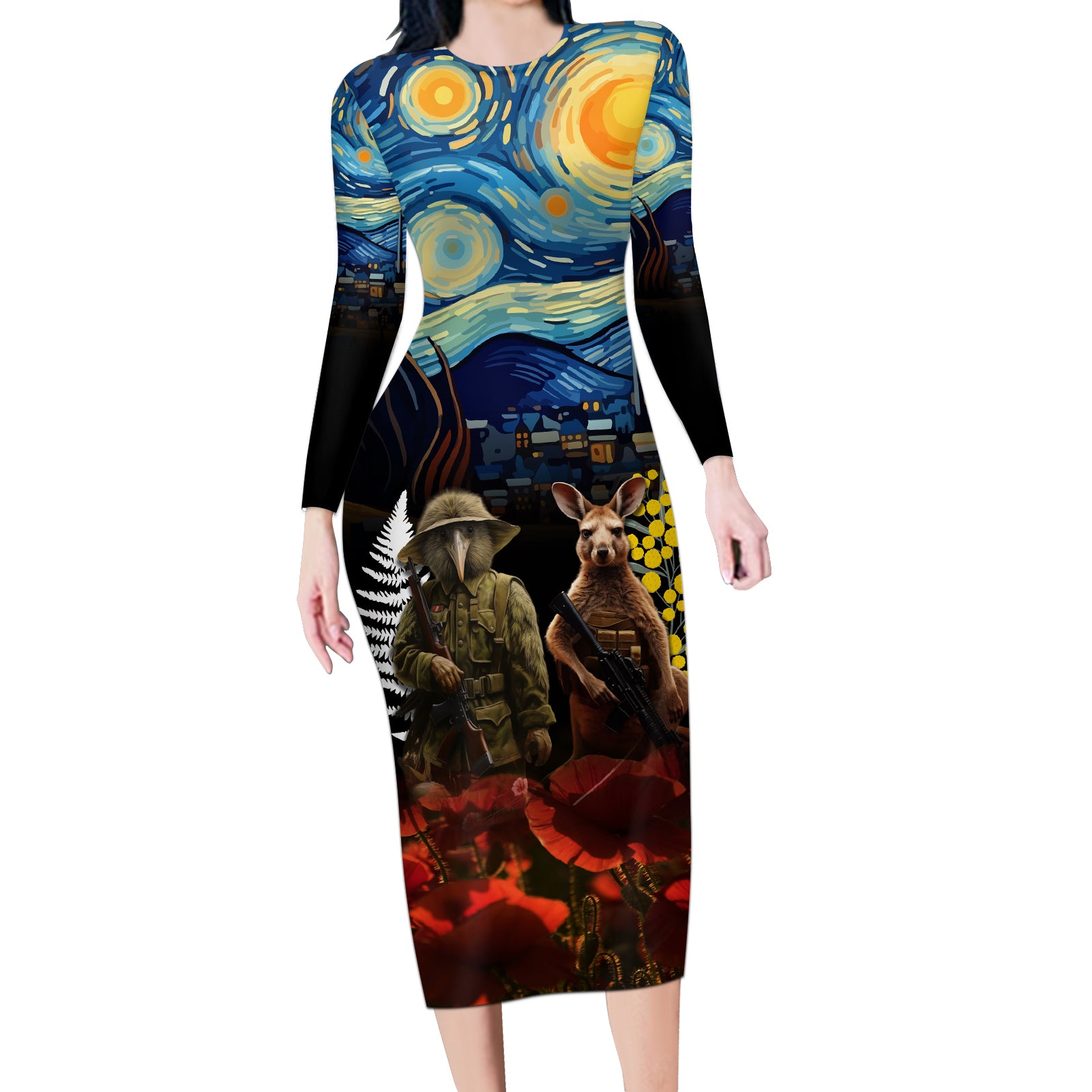 New Zealand and Australia ANZAC Day Long Sleeve Bodycon Dress Kiwi Bird and Kangaroo Soldier Starry Night Style LT03 Long Dress Black - Polynesian Pride