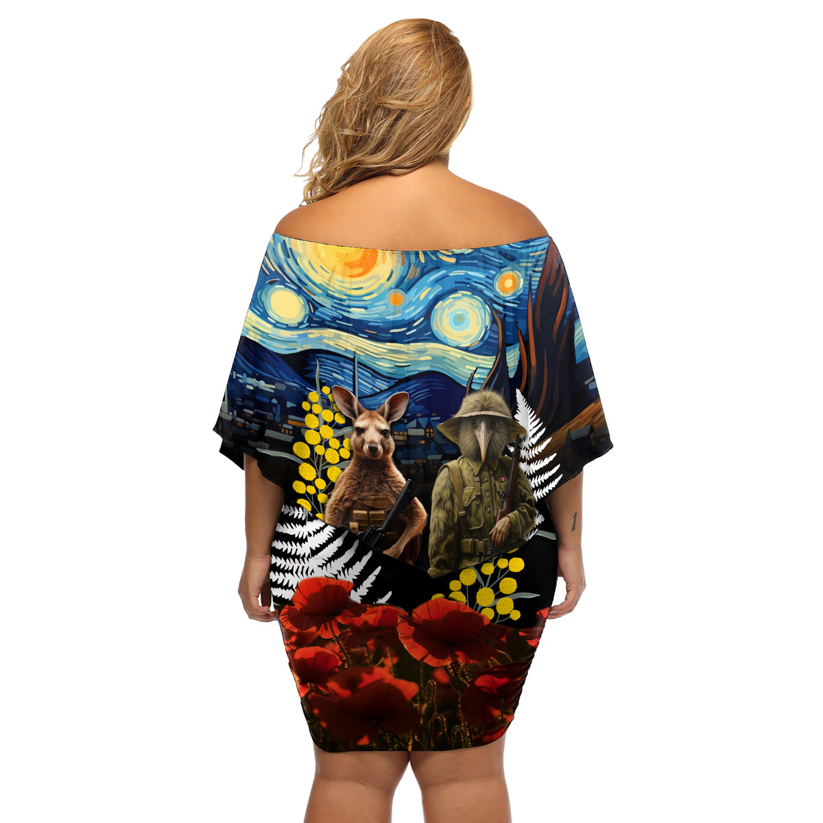 New Zealand and Australia ANZAC Day Off Shoulder Short Dress Kiwi Bird and Kangaroo Soldier Starry Night Style LT03 - Polynesian Pride