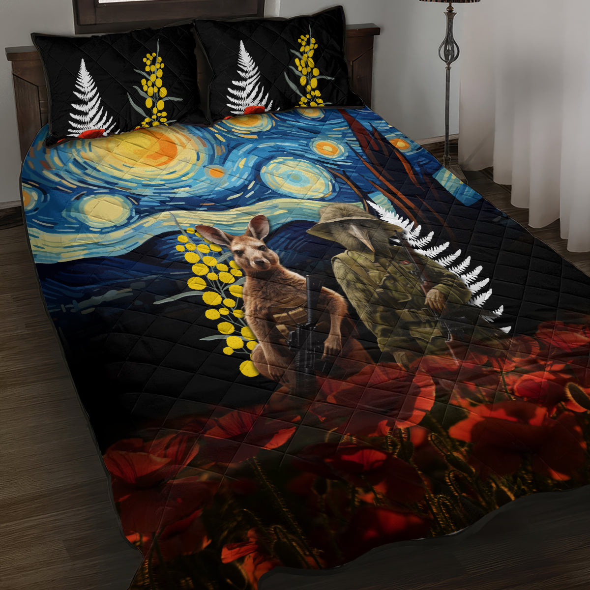 New Zealand and Australia ANZAC Day Quilt Bed Set Kiwi Bird and Kangaroo Soldier Starry Night Style LT03 Black - Polynesian Pride