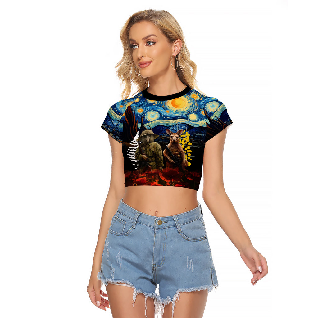 New Zealand and Australia ANZAC Day Raglan Cropped T Shirt Kiwi Bird and Kangaroo Soldier Starry Night Style LT03 Female Black - Polynesian Pride