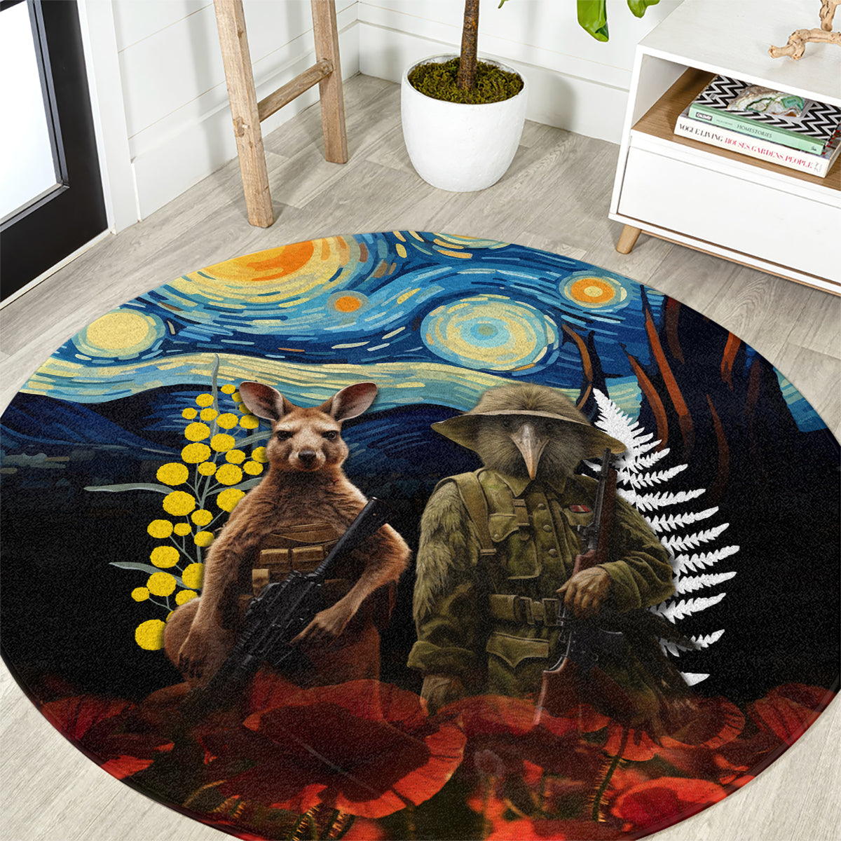 New Zealand and Australia ANZAC Day Round Carpet Kiwi Bird and Kangaroo Soldier Starry Night Style LT03 Black - Polynesian Pride