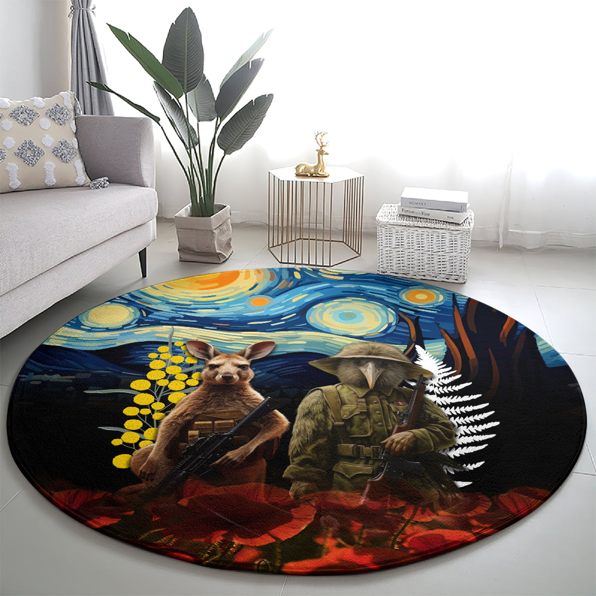 New Zealand and Australia ANZAC Day Round Carpet Kiwi Bird and Kangaroo Soldier Starry Night Style LT03 - Polynesian Pride