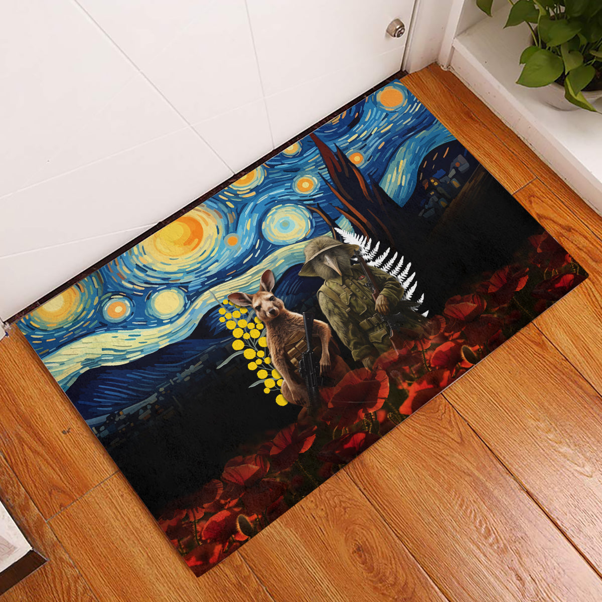 New Zealand and Australia ANZAC Day Rubber Doormat Kiwi Bird and Kangaroo Soldier Starry Night Style LT03 Black - Polynesian Pride