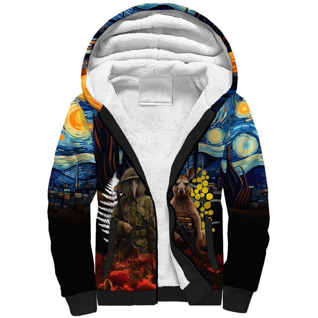 New Zealand and Australia ANZAC Day Sherpa Hoodie Kiwi Bird and Kangaroo Soldier Starry Night Style LT03 Unisex Black - Polynesian Pride