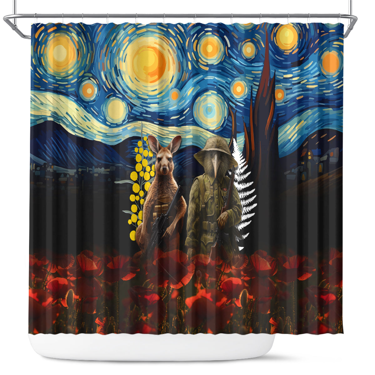 New Zealand and Australia ANZAC Day Shower Curtain Kiwi Bird and Kangaroo Soldier Starry Night Style LT03 Black - Polynesian Pride