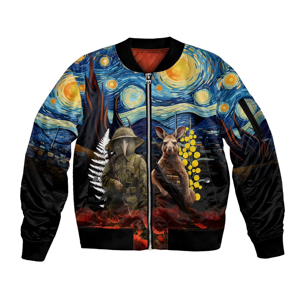 New Zealand and Australia ANZAC Day Sleeve Zip Bomber Jacket Kiwi Bird and Kangaroo Soldier Starry Night Style LT03 Unisex Black - Polynesian Pride