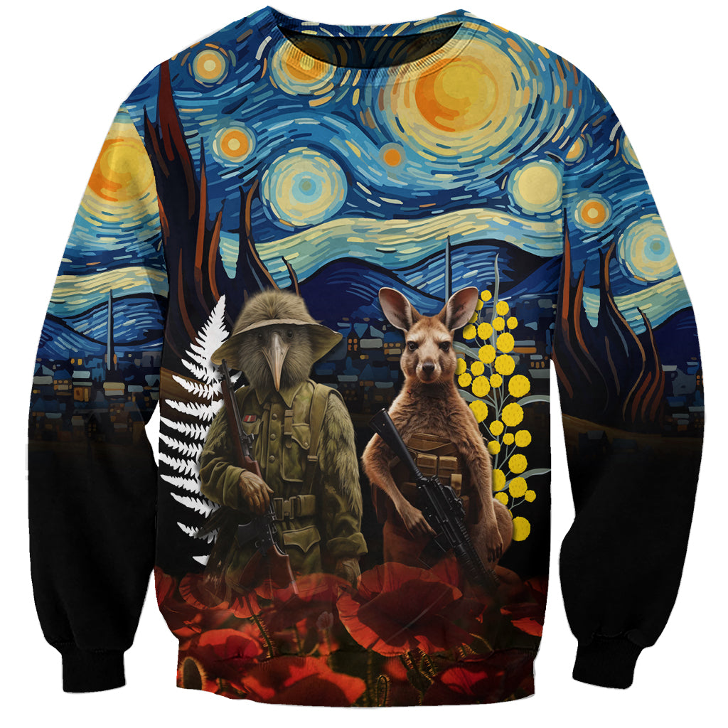 New Zealand and Australia ANZAC Day Sweatshirt Kiwi Bird and Kangaroo Soldier Starry Night Style LT03 Unisex Black - Polynesian Pride