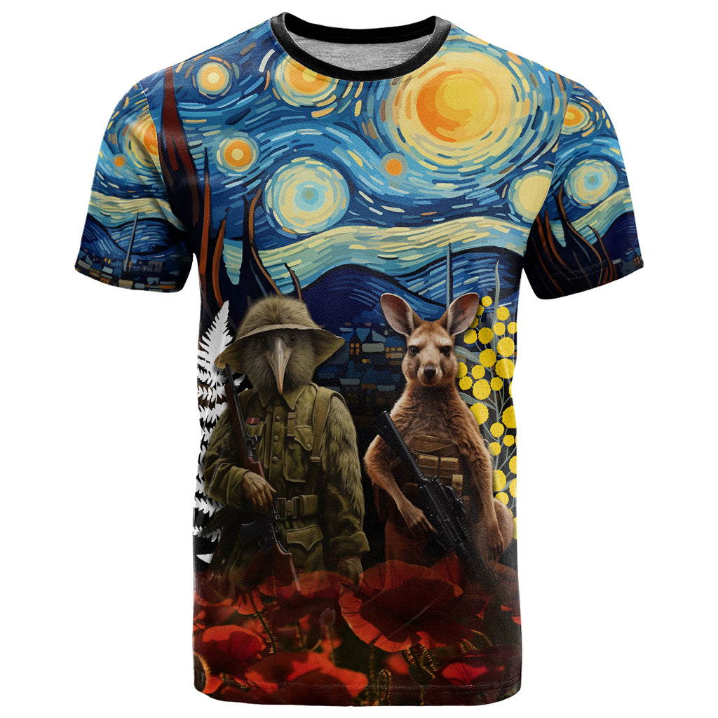 New Zealand and Australia ANZAC Day T Shirt Kiwi Bird and Kangaroo Soldier Starry Night Style LT03 Black - Polynesian Pride