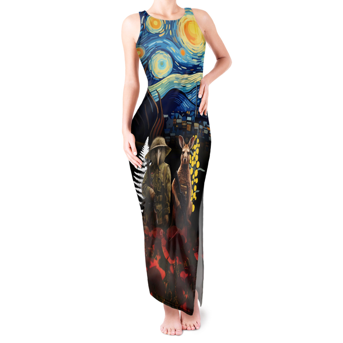 New Zealand and Australia ANZAC Day Tank Maxi Dress Kiwi Bird and Kangaroo Soldier Starry Night Style LT03 Women Black - Polynesian Pride