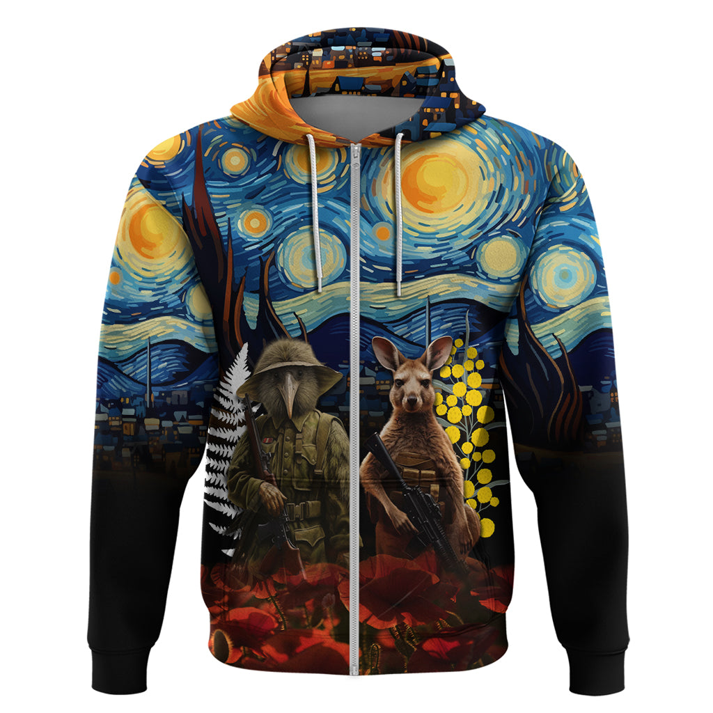 New Zealand and Australia ANZAC Day Zip Hoodie Kiwi Bird and Kangaroo Soldier Starry Night Style LT03 Zip Hoodie Black - Polynesian Pride