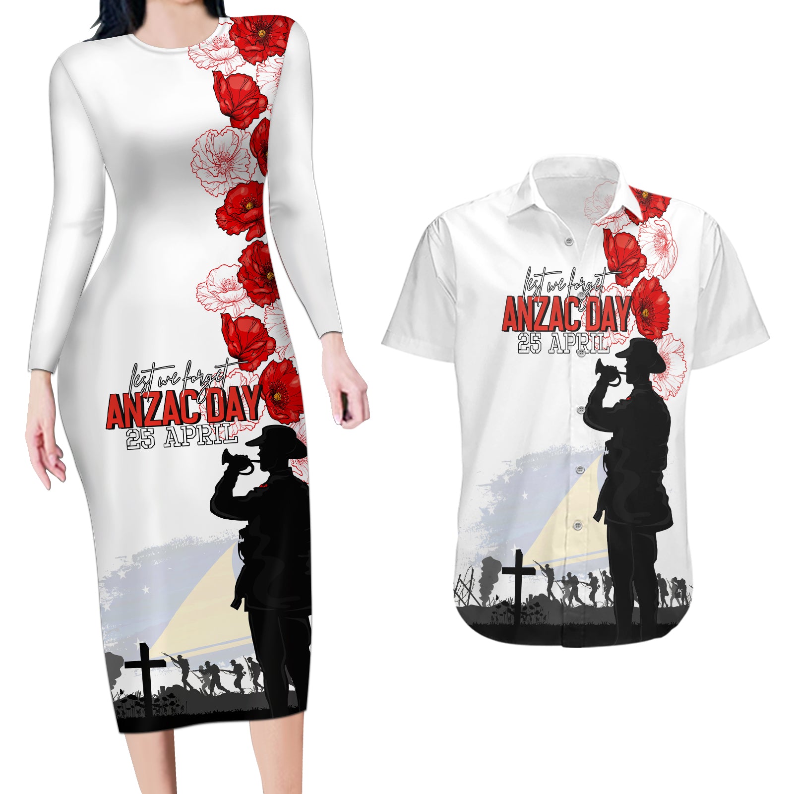 Tokelau ANZAC Day Couples Matching Long Sleeve Bodycon Dress and Hawaiian Shirt Lest We Forget Red Poppy Flowers and Soldier LT03 White - Polynesian Pride