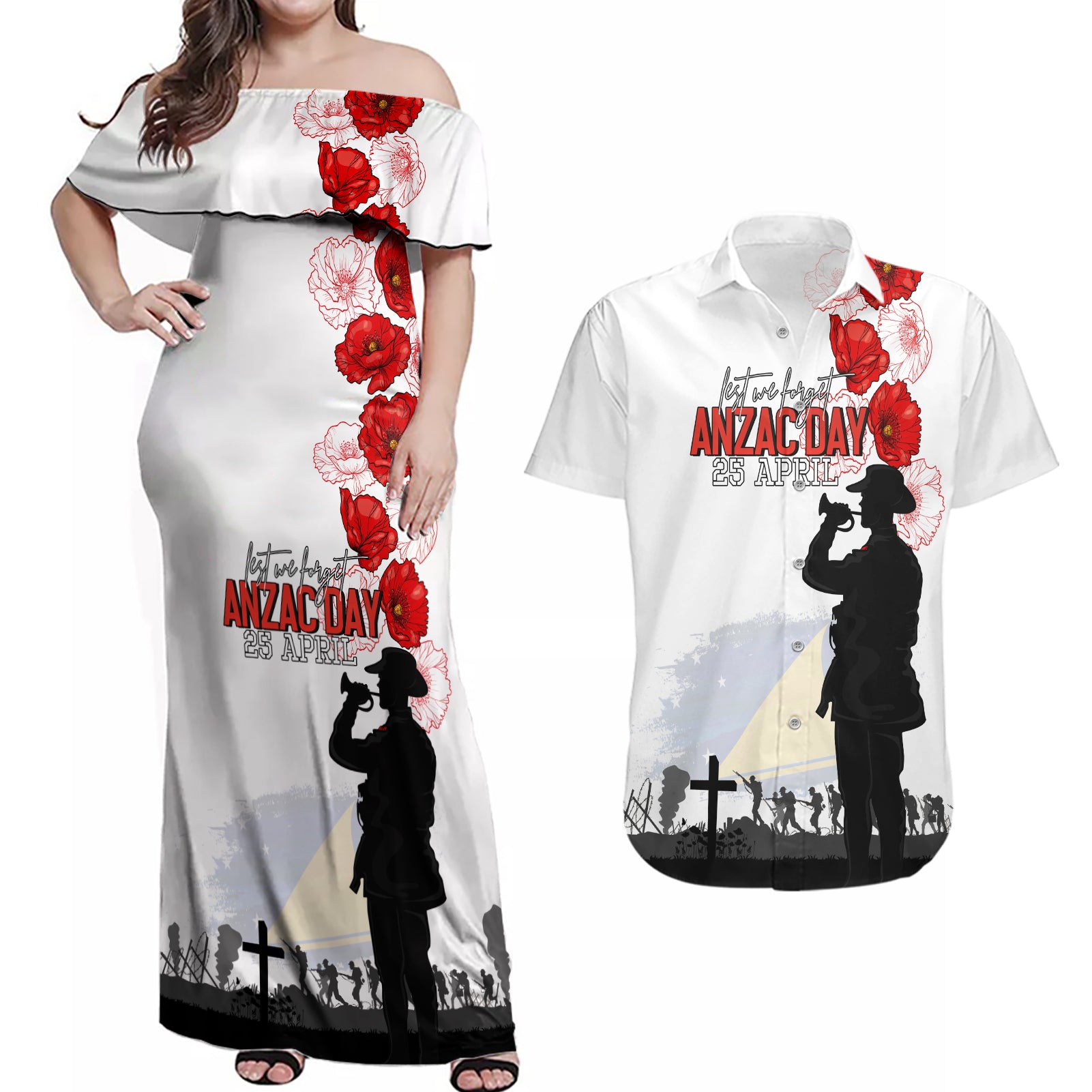 Tokelau ANZAC Day Couples Matching Off Shoulder Maxi Dress and Hawaiian Shirt Lest We Forget Red Poppy Flowers and Soldier LT03 White - Polynesian Pride