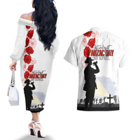Tokelau ANZAC Day Couples Matching Off The Shoulder Long Sleeve Dress and Hawaiian Shirt Lest We Forget Red Poppy Flowers and Soldier LT03 - Polynesian Pride