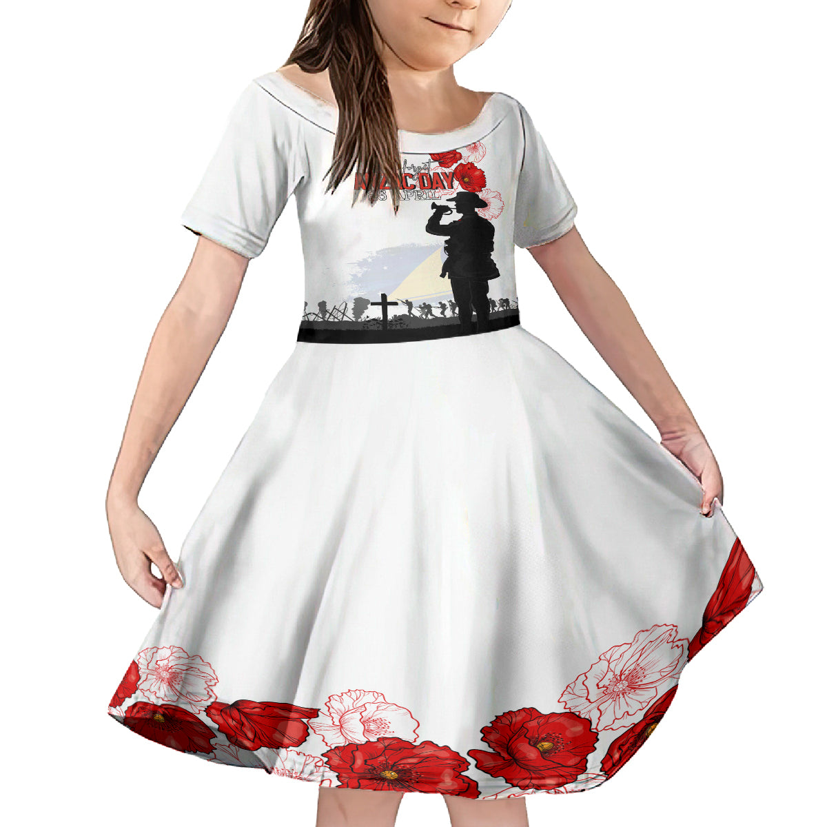 Tokelau ANZAC Day Family Matching Summer Maxi Dress and Hawaiian Shirt Lest We Forget Red Poppy Flowers and Soldier LT03 Daughter's Dress White - Polynesian Pride