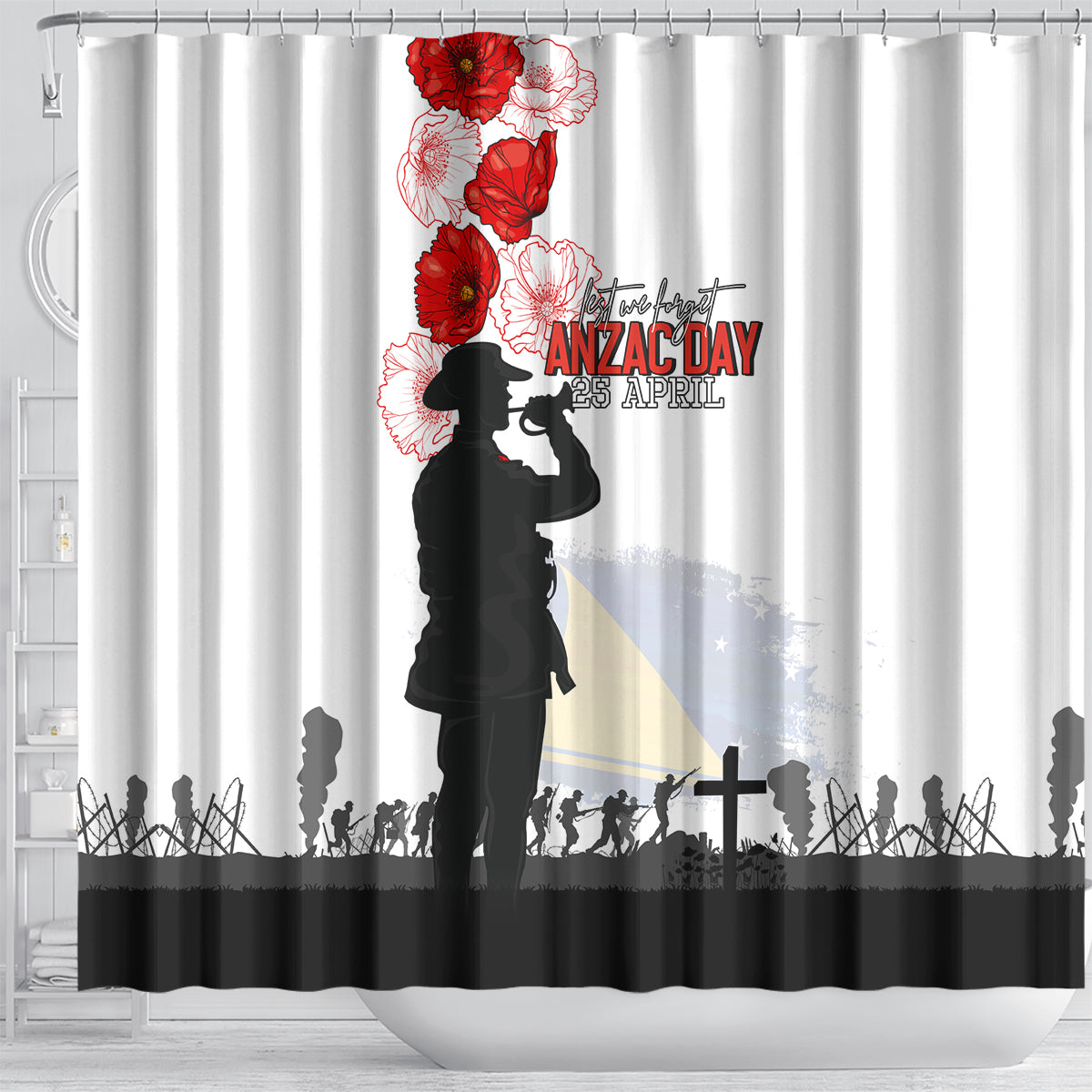 Tokelau ANZAC Day Shower Curtain Lest We Forget Red Poppy Flowers and Soldier LT03 - Polynesian Pride