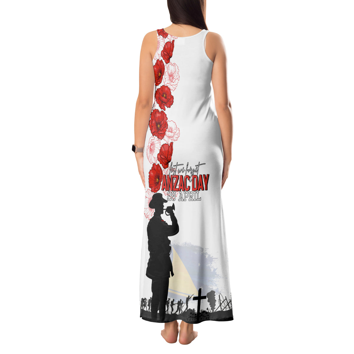 Tokelau ANZAC Day Tank Maxi Dress Lest We Forget Red Poppy Flowers and Soldier LT03 - Polynesian Pride