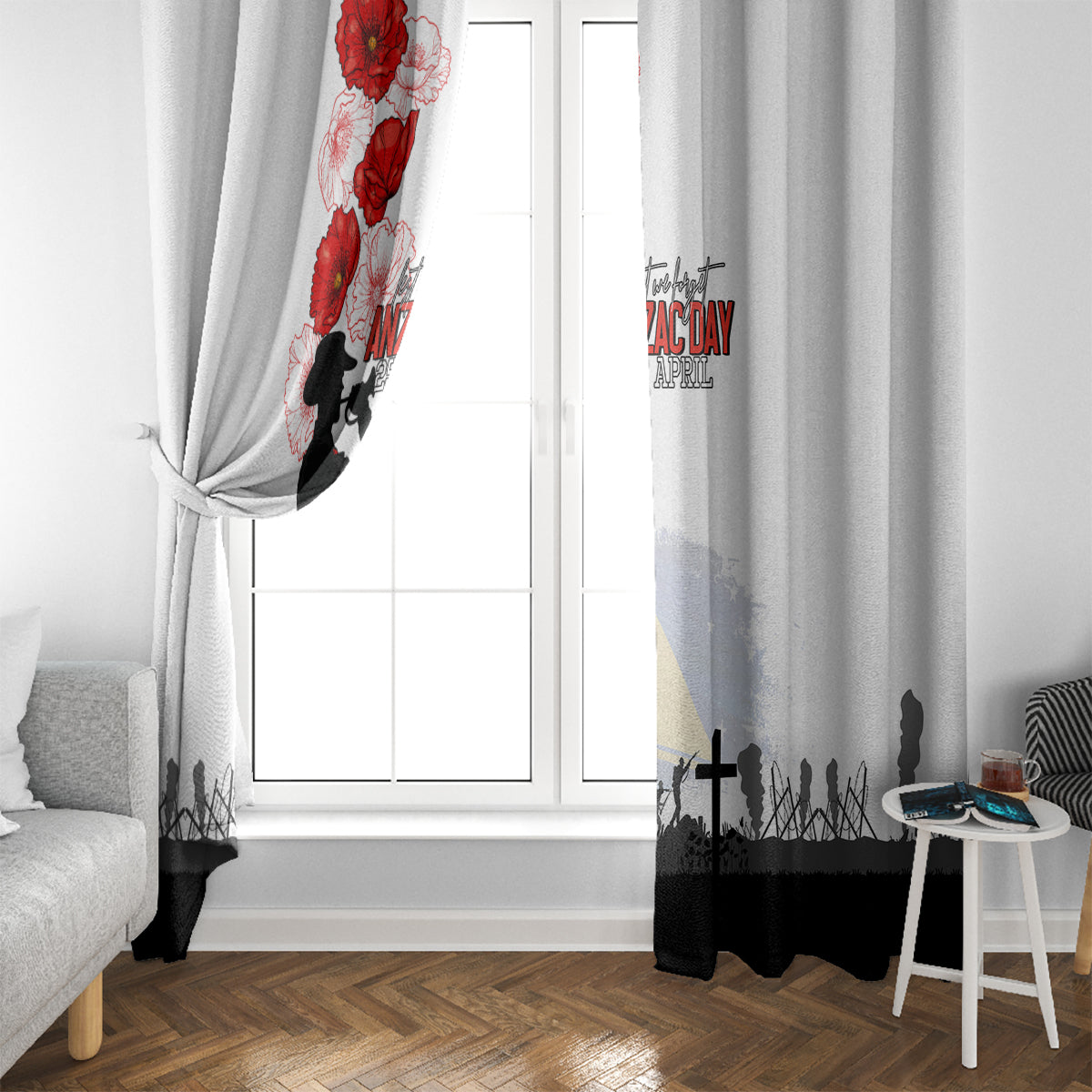 Tokelau ANZAC Day Window Curtain Lest We Forget Red Poppy Flowers and Soldier LT03 - Polynesian Pride