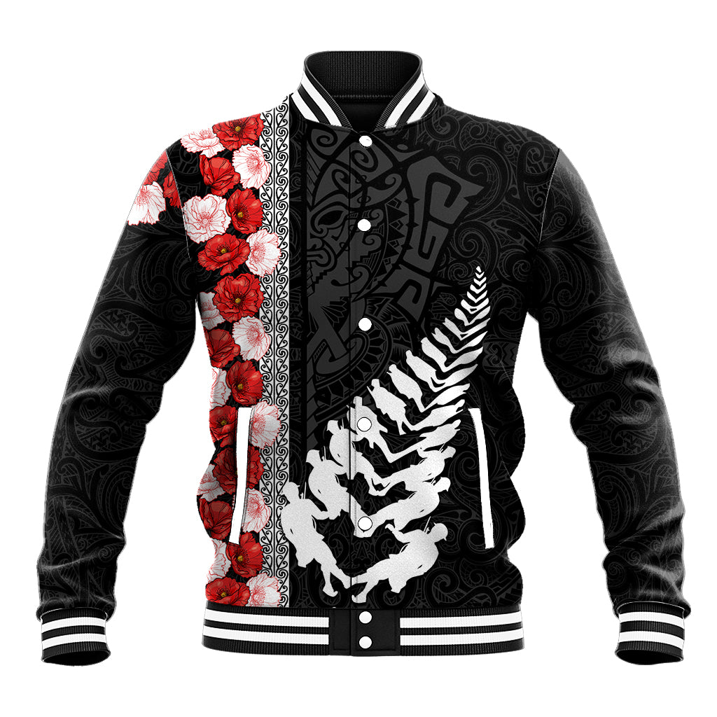 New Zealand ANZAC Day Baseball Jacket Soldier Silver Fern with Red Poppies Flower Maori Style LT03 Unisex Black - Polynesian Pride