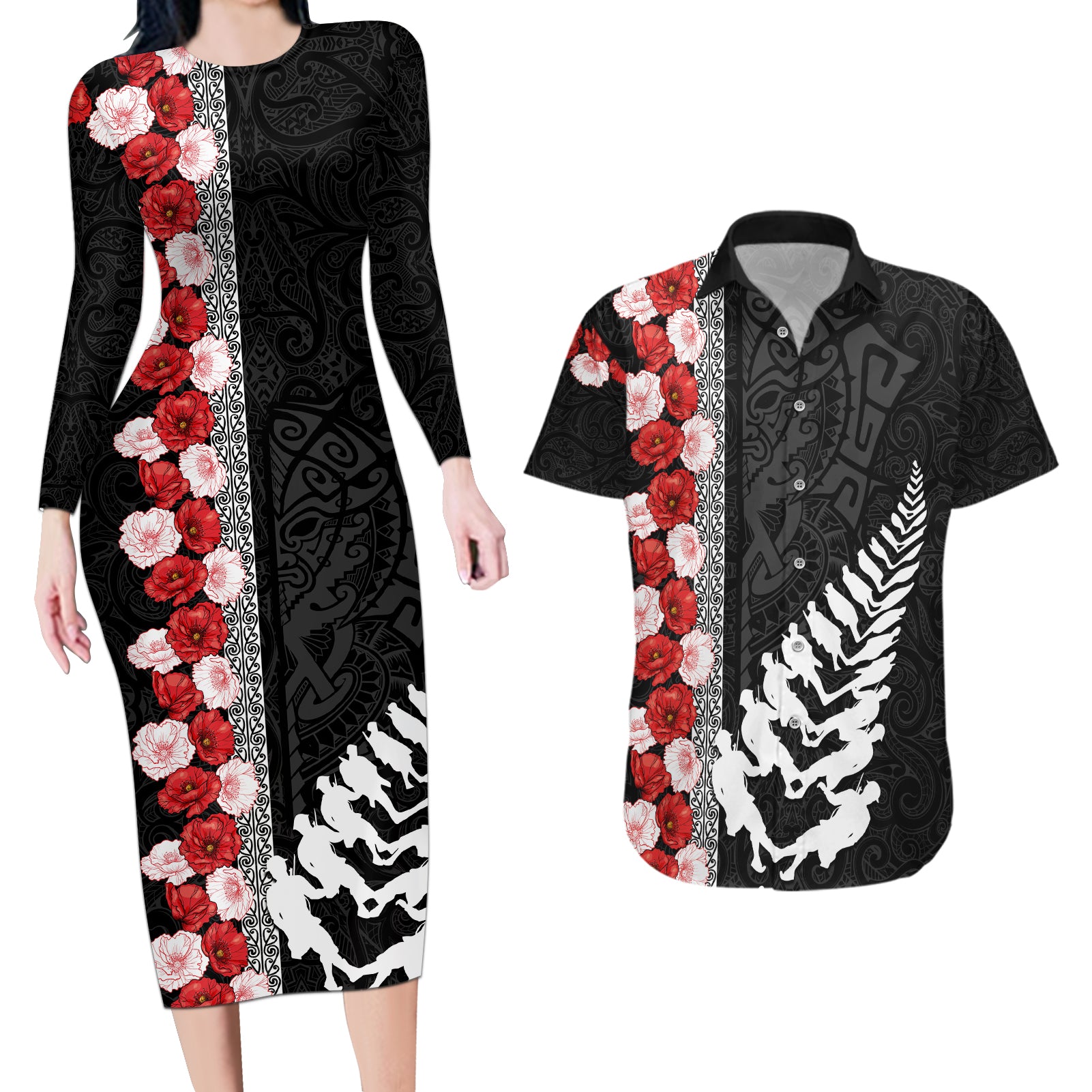 New Zealand ANZAC Day Couples Matching Long Sleeve Bodycon Dress and Hawaiian Shirt Soldier Silver Fern with Red Poppies Flower Maori Style LT03 Black - Polynesian Pride