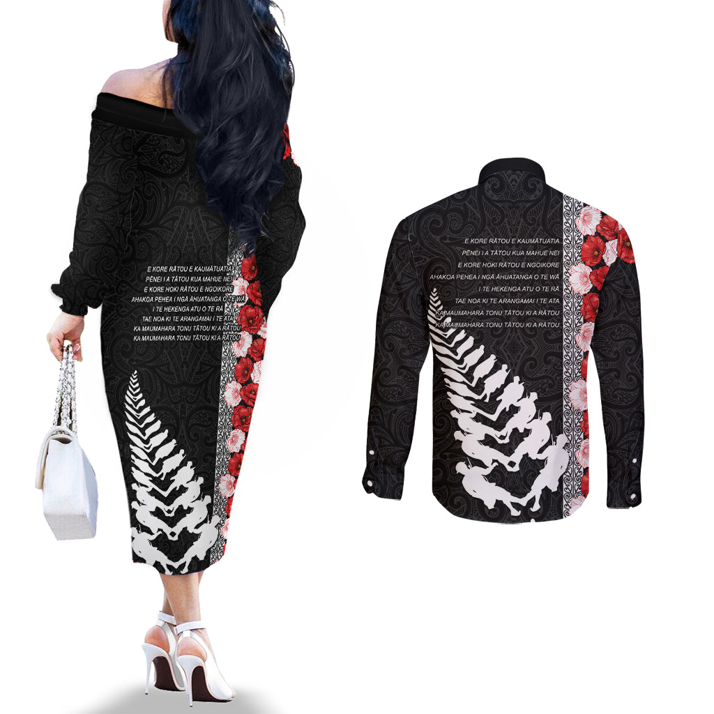 New Zealand ANZAC Day Couples Matching Off The Shoulder Long Sleeve Dress and Long Sleeve Button Shirt Soldier Silver Fern with Red Poppies Flower Maori Style LT03 - Polynesian Pride