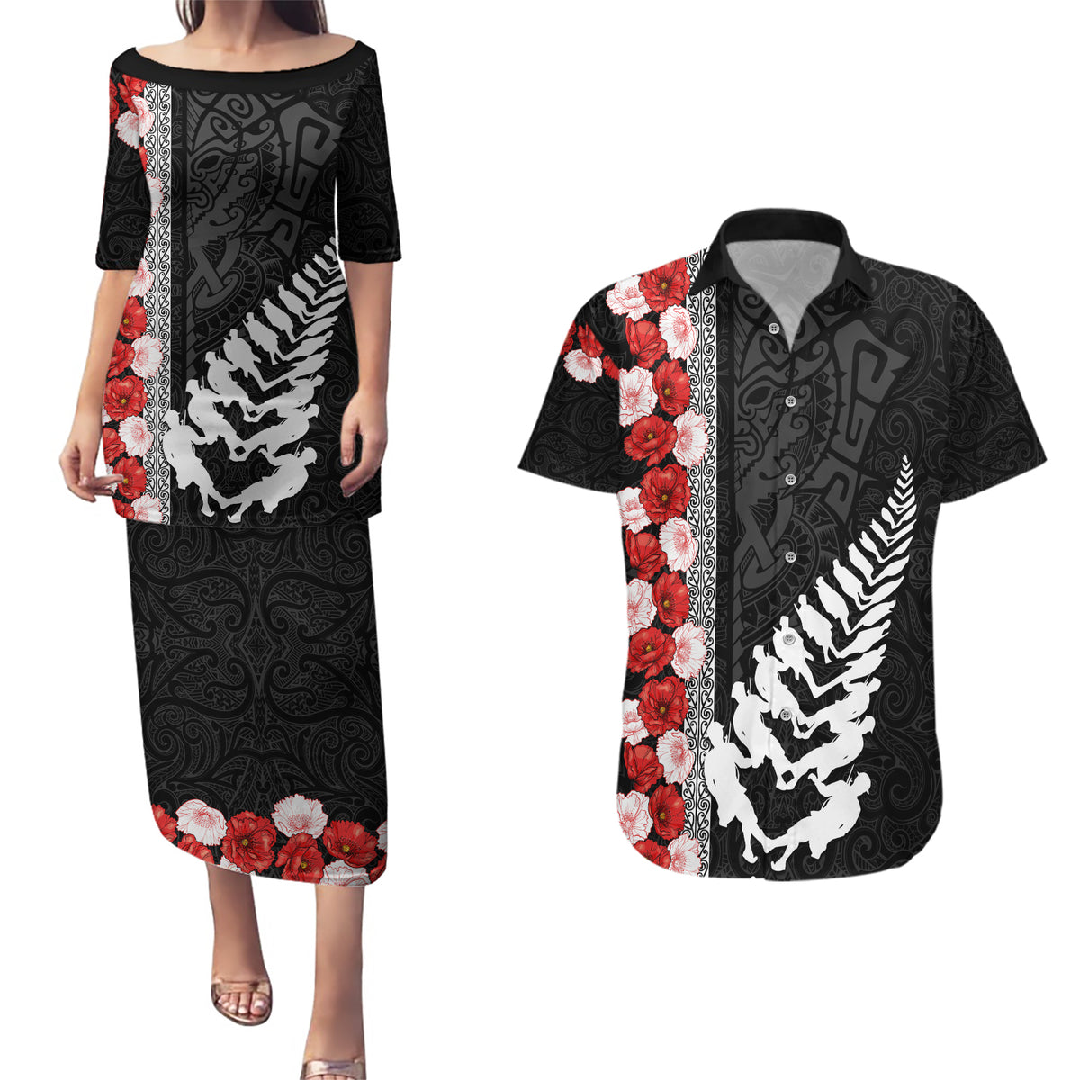 New Zealand ANZAC Day Couples Matching Puletasi and Hawaiian Shirt Soldier Silver Fern with Red Poppies Flower Maori Style LT03 Black - Polynesian Pride