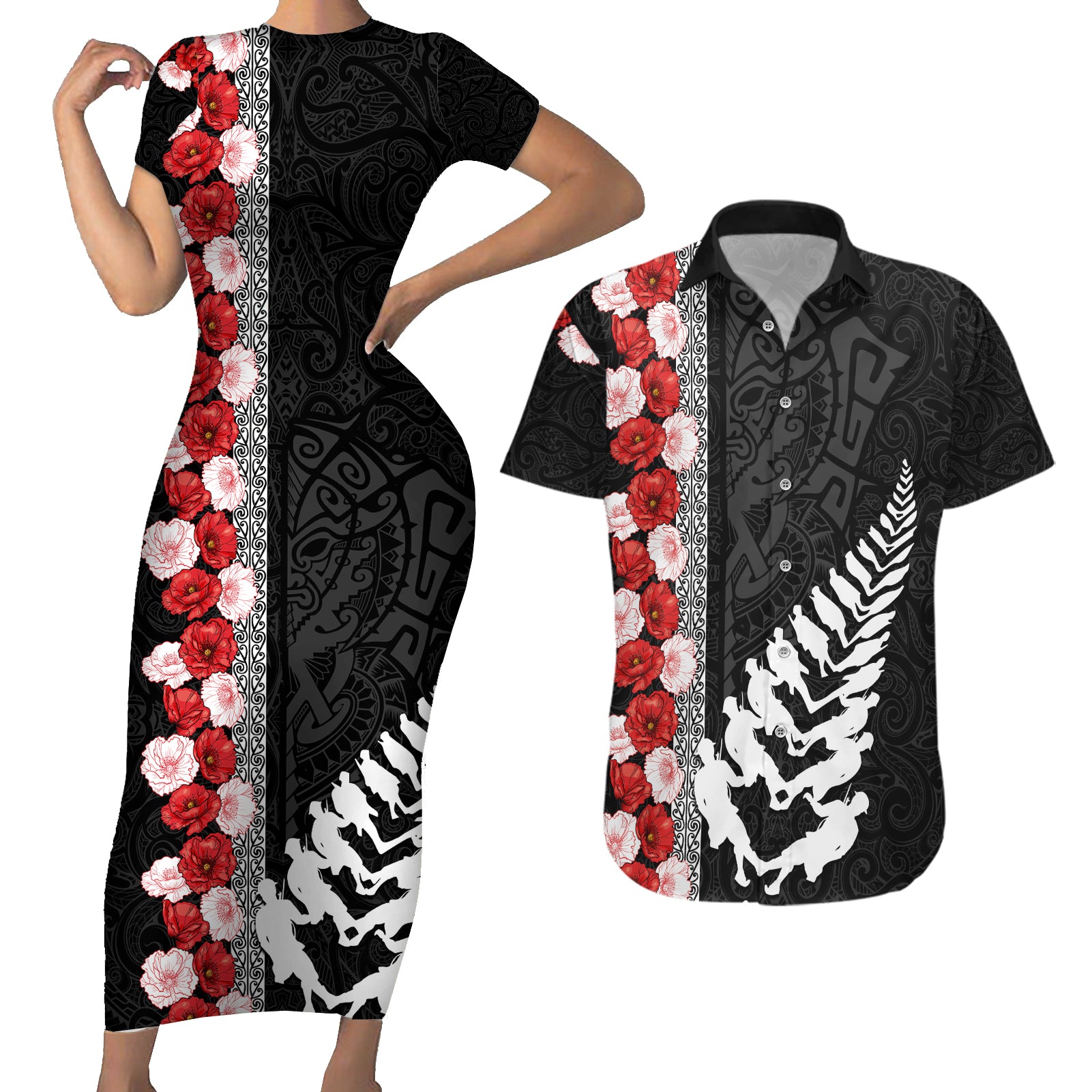 New Zealand ANZAC Day Couples Matching Short Sleeve Bodycon Dress and Hawaiian Shirt Soldier Silver Fern with Red Poppies Flower Maori Style LT03 Black - Polynesian Pride