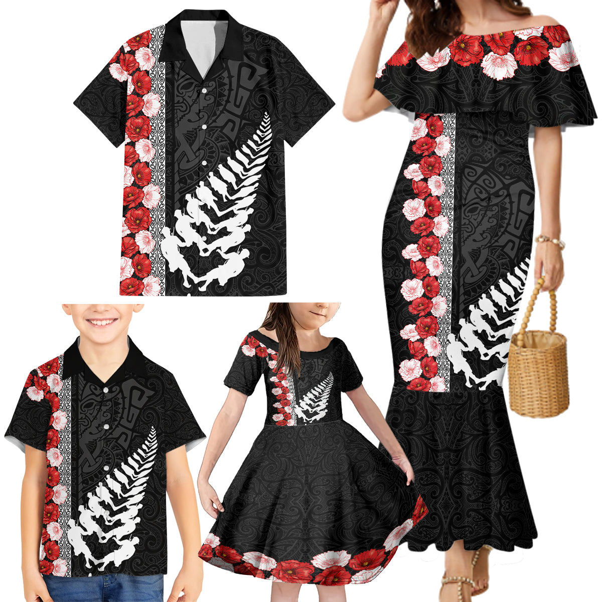 New Zealand ANZAC Day Family Matching Mermaid Dress and Hawaiian Shirt Soldier Silver Fern with Red Poppies Flower Maori Style LT03 - Polynesian Pride