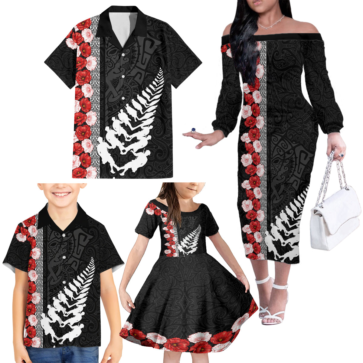 New Zealand ANZAC Day Family Matching Off Shoulder Long Sleeve Dress and Hawaiian Shirt Soldier Silver Fern with Red Poppies Flower Maori Style LT03 - Polynesian Pride