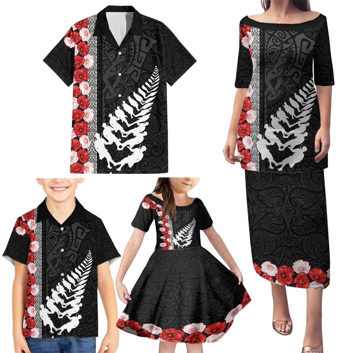 New Zealand ANZAC Day Family Matching Puletasi and Hawaiian Shirt Soldier Silver Fern with Red Poppies Flower Maori Style LT03 - Polynesian Pride