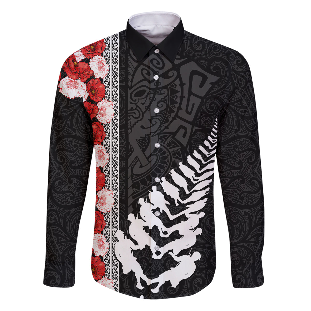New Zealand ANZAC Day Family Matching Puletasi and Hawaiian Shirt Soldier Silver Fern with Red Poppies Flower Maori Style LT03 Dad's Shirt - Long Sleeve Black - Polynesian Pride