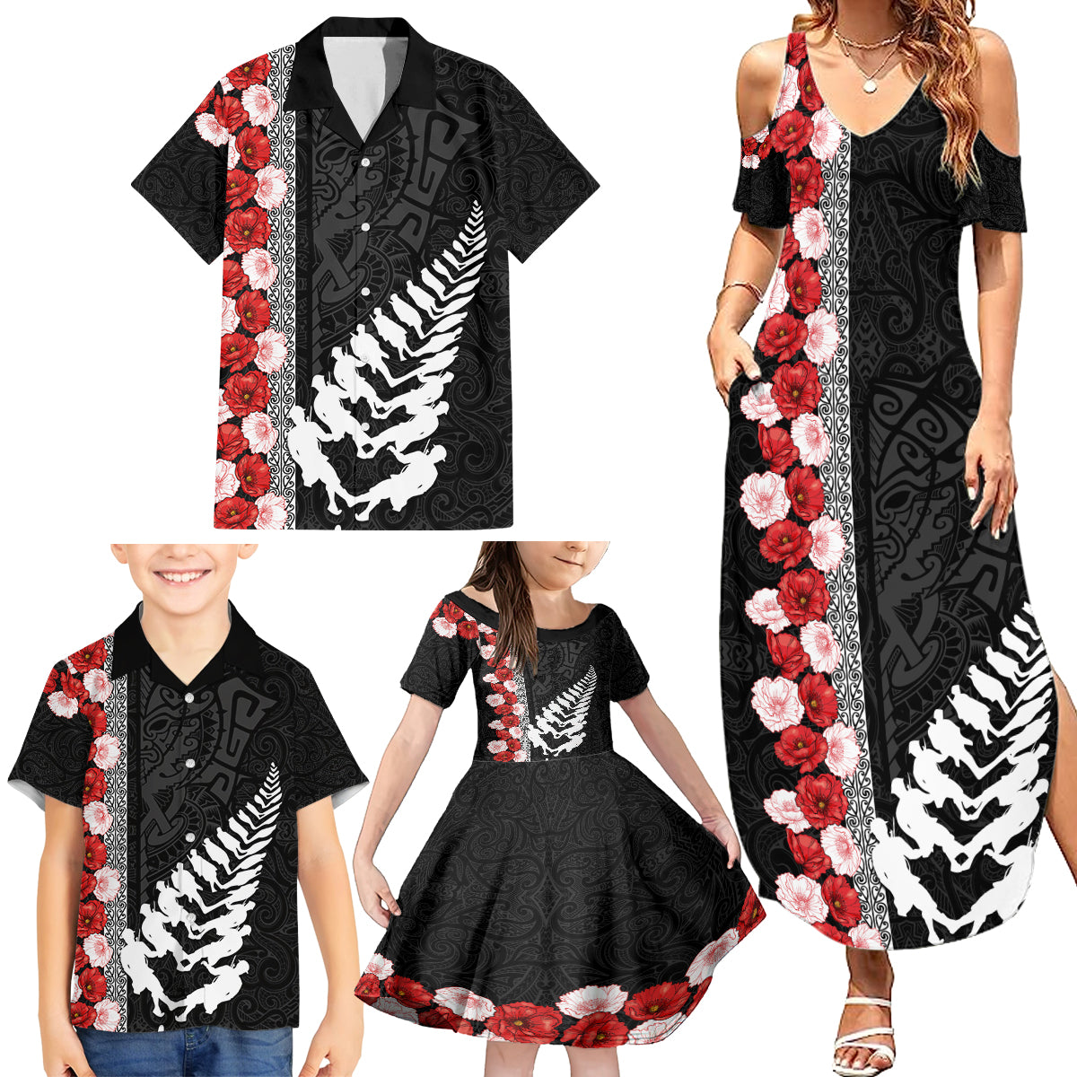 New Zealand ANZAC Day Family Matching Summer Maxi Dress and Hawaiian Shirt Soldier Silver Fern with Red Poppies Flower Maori Style LT03 - Polynesian Pride