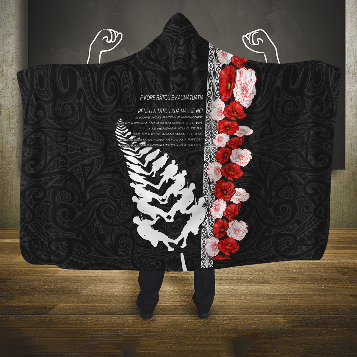 New Zealand ANZAC Day Hooded Blanket Soldier Silver Fern with Red Poppies Flower Maori Style LT03 One Size Black - Polynesian Pride