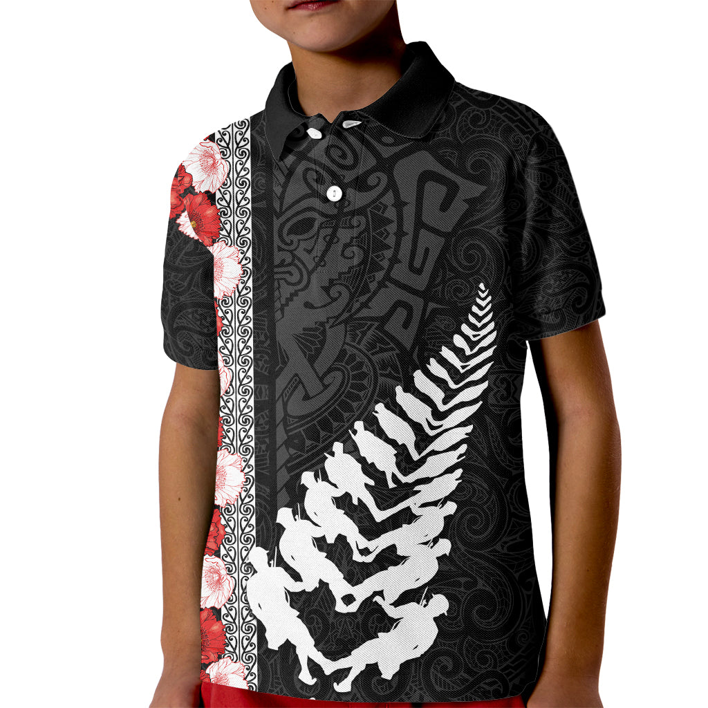 New Zealand ANZAC Day Kid Polo Shirt Soldier Silver Fern with Red Poppies Flower Maori Style LT03 Kid Black - Polynesian Pride