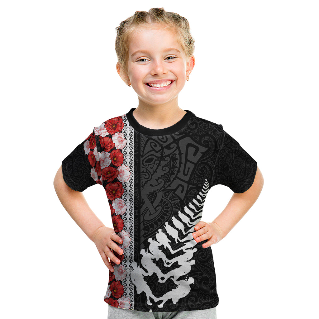 New Zealand ANZAC Day Kid T Shirt Soldier Silver Fern with Red Poppies Flower Maori Style LT03 Black - Polynesian Pride