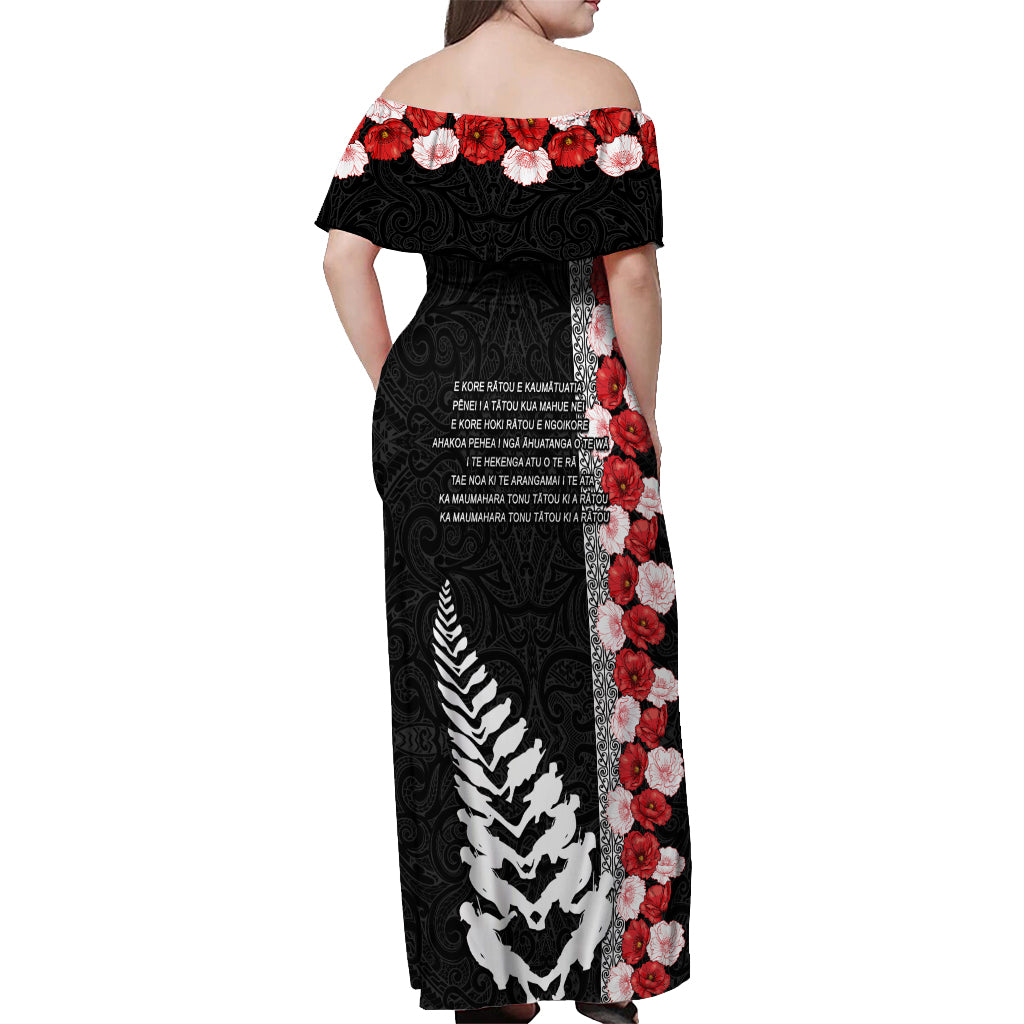 New Zealand ANZAC Day Off Shoulder Maxi Dress Soldier Silver Fern with Red Poppies Flower Maori Style LT03 - Polynesian Pride